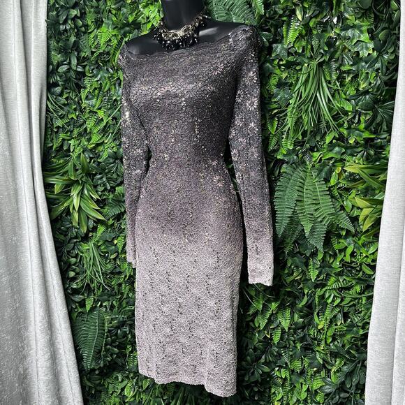 ONYX NITES Dress Women 10 Gray Off Shoulder Lace Sequin Layered‎ Evening 2592 - Picture 1 of 7